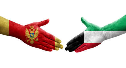 Handshake between Kuwait and Montenegro flags painted on hands, isolated transparent image.