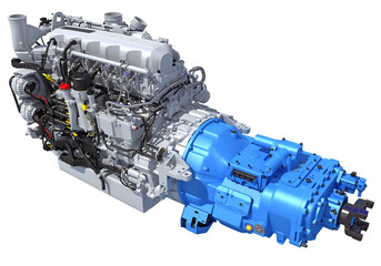 Powertrain truck engine with transmission 3D rendering on white background