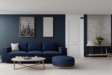 Modern home interior mock up with dark blue sofa, table and decor in living room, 3d render