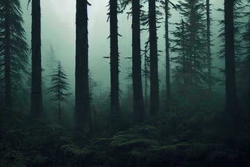 A forest panorama deep in a dark moody forest near Whistler BC