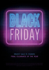 Black Friday sale youth neon vector banner template. Seasonal clearance, luxury store special price offer poster design. Stylish discount advert blue pink neon light and inscription on dark background