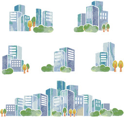 水彩タッチの都市ビル　冬の景観イラスト	