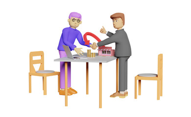 cartoon character businessman handshake with store model and pile of coins on table, successful agreement business concept, isolated. 3d illustration or 3d render