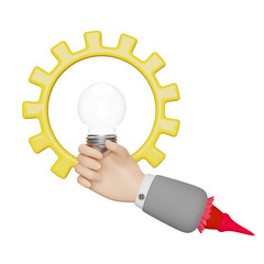 cartoon businessman hand holding light bulb with gear isolated. Business idea concept, 3d render illustration