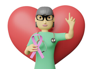 cartoon character doctor woman and red heart with hand holding cancer pink ribbon over and pointing finger isolated. 3d illustration or 3d render