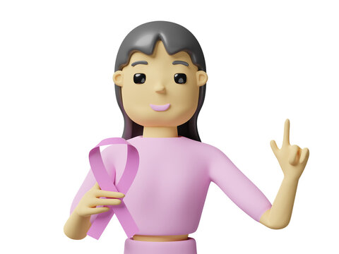 cartoon character woman hand holding cancer pink ribbon over and pointing finger isolated. 3d illustration or 3d render