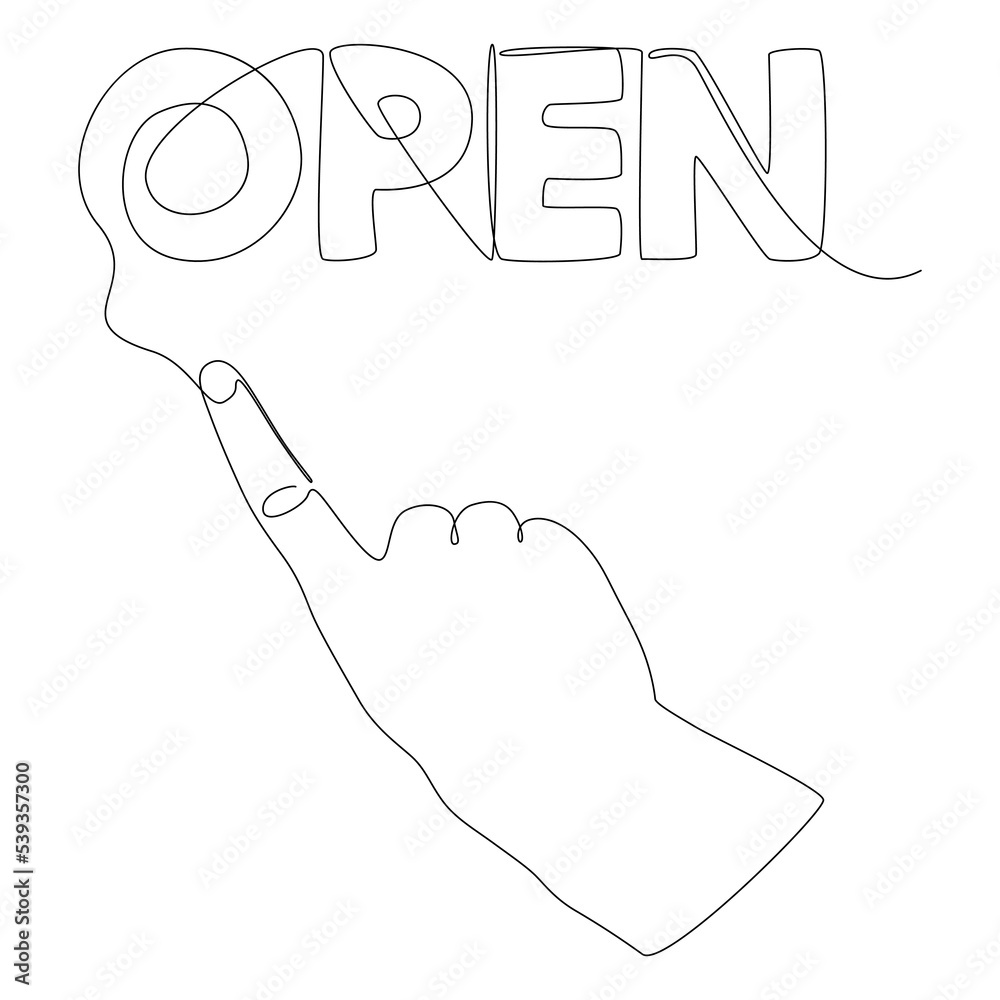 Poster one continuous line of index finger pointng at open word. thin line illustration vector concept. con