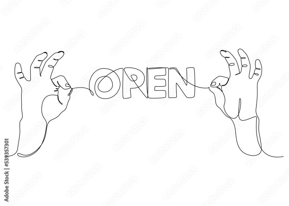 Poster one continuous line of two hand holding a string with open word. thin line illustration vector conce