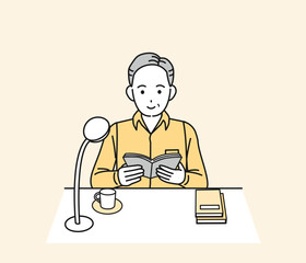 読書と勉強　本を読む中年の男性のイラスト