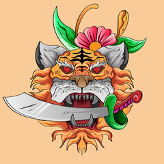 Tiger Beast Head with Stay Wild design with Japanese or Chinese oriental style in orange red tone for apparel, sticker, printable