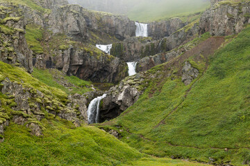 Klifbrekkufossar falls in summer season view, Iceland.