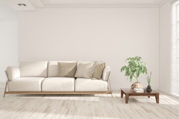 White concept of  living room with sofa. Scandinavian interior design. 3D illustration