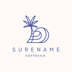 Coffee beach wave with palm tree and sun simple minimalist logo illustrations custom logo design vector illustration