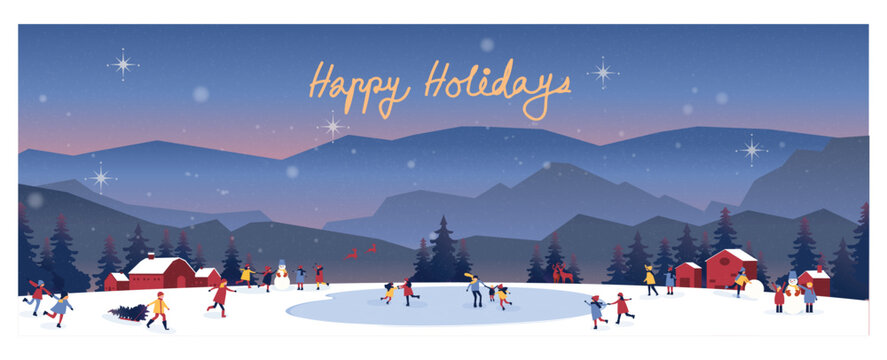 Banner Vector Illustration Of Winter Night Scene In Countryside Snow Fall.Happy People Outside.Play Skate,snowman,snowball.Concept Of Happy Holidays In The Mountain.