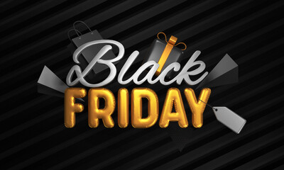 Naklejka na ściany i meble 3D Render Of Silver And Golden Black Friday Font With Empty Tag, Gift Box, Shopping Bag, Triangle Element On Black Stripe Pattern Background. Advertising Banner Design.