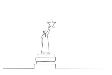 Cartoon of arab businessman reach out for the stars by using books as the platform. Single line art style