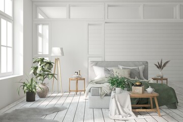White bedroom interior. Scandinavian design. 3D illustration