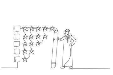 Drawing of arab businessman holding pencil to evaluate star feedback. Metaphor for evaluation. One line art style