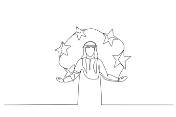 Drawing of five stars performance score by arab businessman. Metaphor for feedback and comments. One line art style