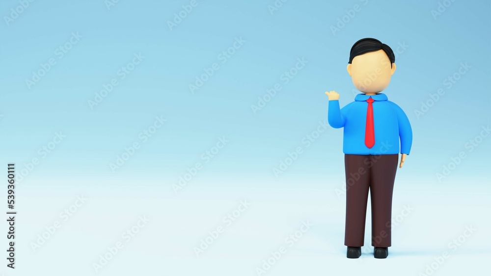 Poster 3d cartoon businessman showing something against blue background.