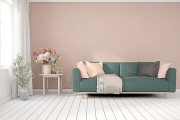Pink concept of living room with sofa. Scandinavian interior design. 3D illustration