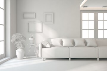 Mock up of minimalist living room in white color with sofa. Scandinavian interior design. 3D illustration