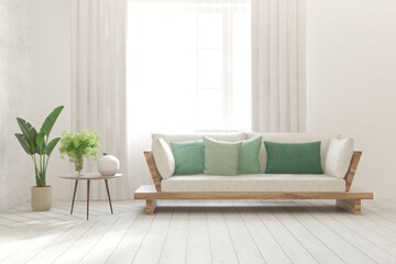 White living room with sofa. Scandinavian interior design. 3D illustration