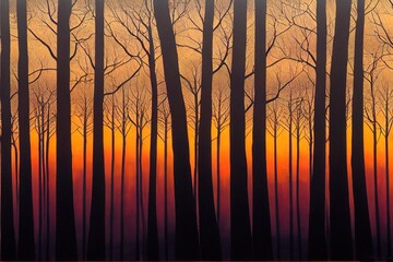 Obraz premium Sunrise in forest landscape. Winter trees at dawn