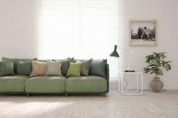 White living room with sofa. Scandinavian interior design. 3D illustration
