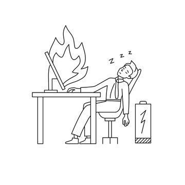 Employee fell asleep and screen fire in linear style.