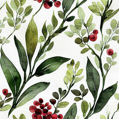 Fototapeta na wymiar Festive Christmas flowers and plants. Seamless repeating pattern. Digital watercolor