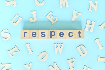 Respect core values concept in business, company and organization. Word typography on wooden blocks flat lay.