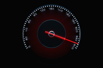 3D illustration of the dashboard of the car is illuminated by black  illumination. Circle speedometer