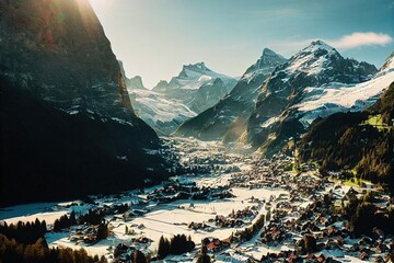 Switzerland nature and travel. Alpine scenery. Scenic traditional mountain village lauterbrunnen with waterfall surrounded by snow peaks of Alps. Popular tourist destination and ski resort