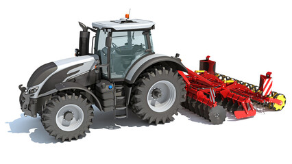 Obraz premium Farm Tractor with Compact Disc Harrow 3D rendering on white background