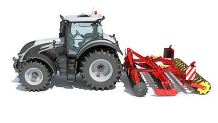 Farm Tractor with Compact Disc Harrow 3D rendering on white background