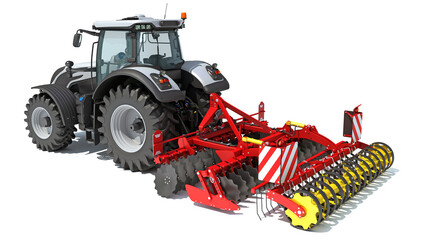 Farm Tractor with Compact Disc Harrow 3D rendering on white background