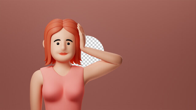 Portrait smiling cute girl, pink t-shirt. left hand in head forgetfulness gesture Minimal stylized art. 3d render on brown background