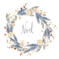 Watercolor round frame, Christmas wreath. Winter holiday decorations. New Year illustration. Traditional floral composition. Door decoration, greeting card template.