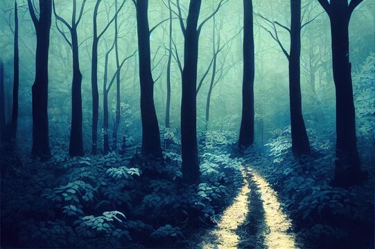 Path Through A Dark Forest With Blue Light