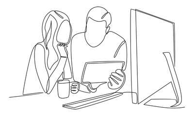 Continuous line of man and women discussion at company