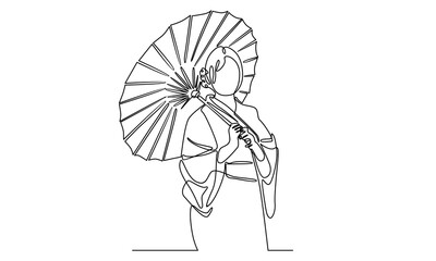 Continuous line of woman holding umbrella