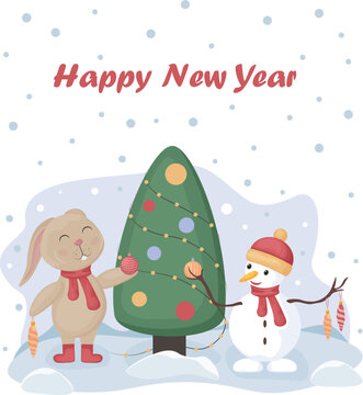 The Christmas bunny. Cute New Year s illustration with the image of the symbol of the new year, a rabbit. A hare stands with a snowman near a decorated Christmas tree. Vector
