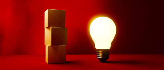 Glowing light bulb with wooden blocks - 3D