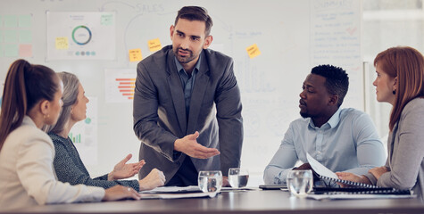 Businessman, speaker or presentation meeting with paper chart, infographic documents and survey...