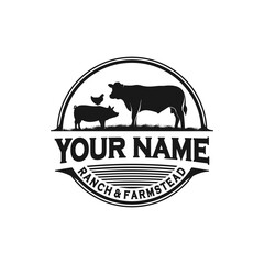 Ranch and farmstead, farm animal logo inspiration. cows, pigs and chickens