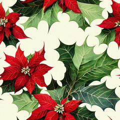 Festive Christmas flowers and plants. Seamless repeating pattern. Digital watercolor