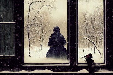 A woman looks out of the window at the snow covered outdoors