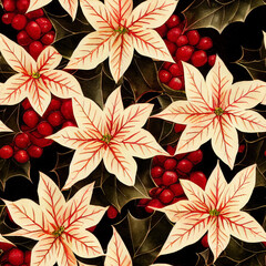 Festive Christmas flowers and plants. Seamless repeating pattern. Digital watercolor