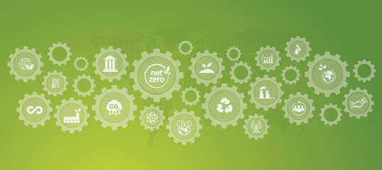 Net Zero icon with net zero concept icon for net zero emissions target.  Long term weather neutral strategy on green background.